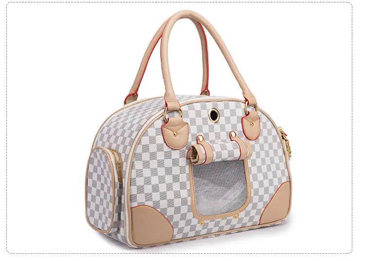 Stylish pet carrier bag with checkered design, ideal for cats and dogs, offering comfort and convenience for pet travel.
