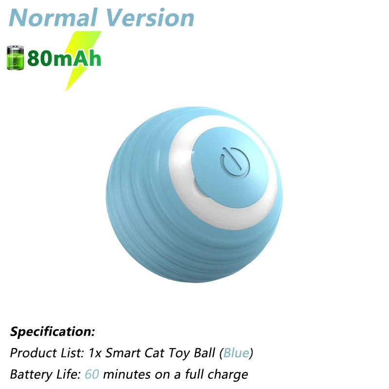 Interactive cat toy rolling ball, blue automatic smart toy ball for cats with 80mAh battery and 60-minute playtime.