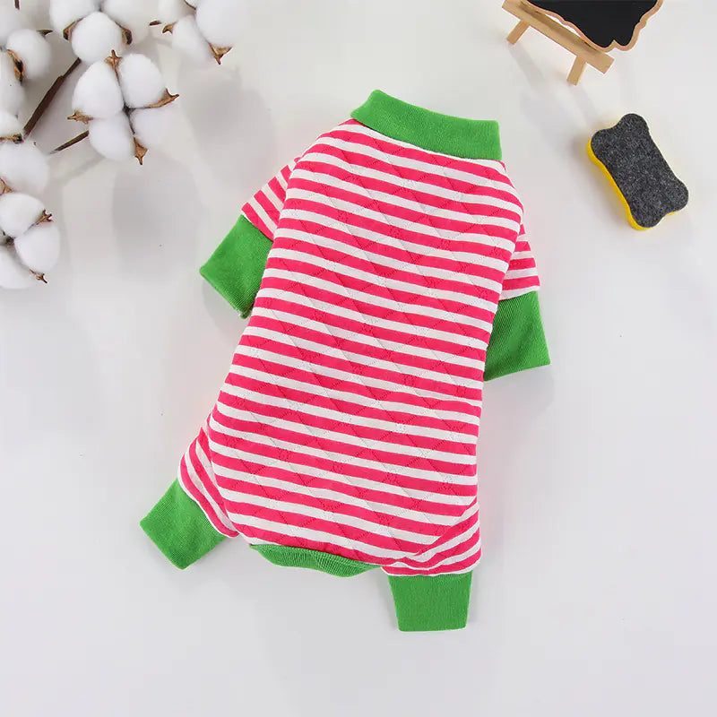 Striped winter dog coat with four-legged design, showcasing classic stripes and green trim for warm and stylish protection.