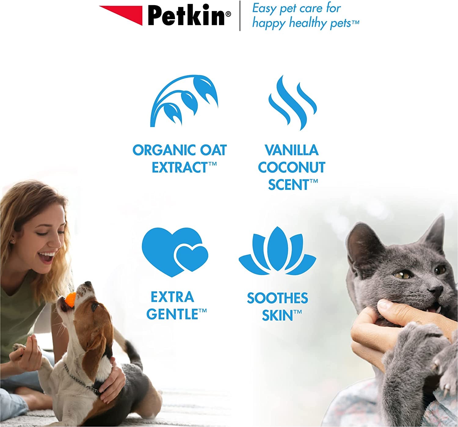 Petkin organic pet wipes for dogs and cats, features organic oat extract and vanilla coconut scent, soothing skin formula.