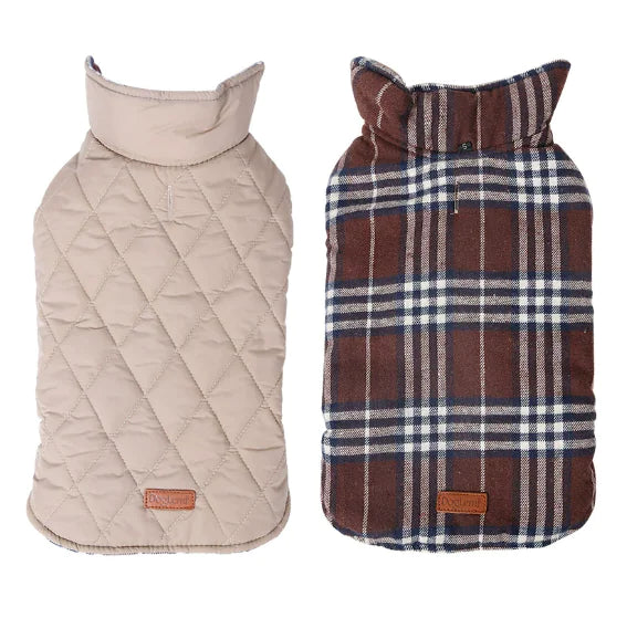 Two styles of the all-weather dog coat, one quilted beige and one plaid, showcasing reversible and waterproof features for pets.