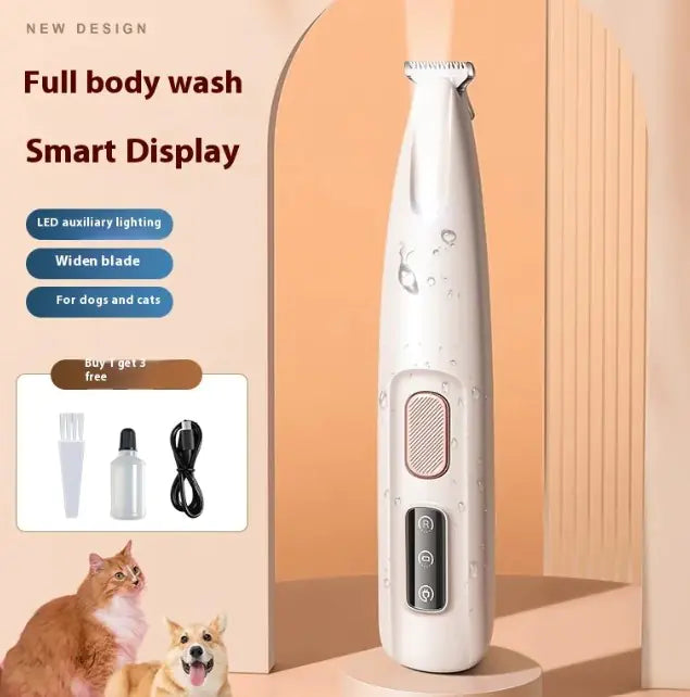 LED dog paw trimmer with smart display for precise pet grooming, featuring full body wash and auxiliary lighting for dogs and cats.