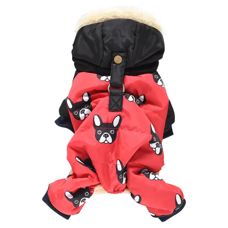 Comfortable dog clothing, red and black cotton four-legged outfit with dog print, S-XXL sizes available.