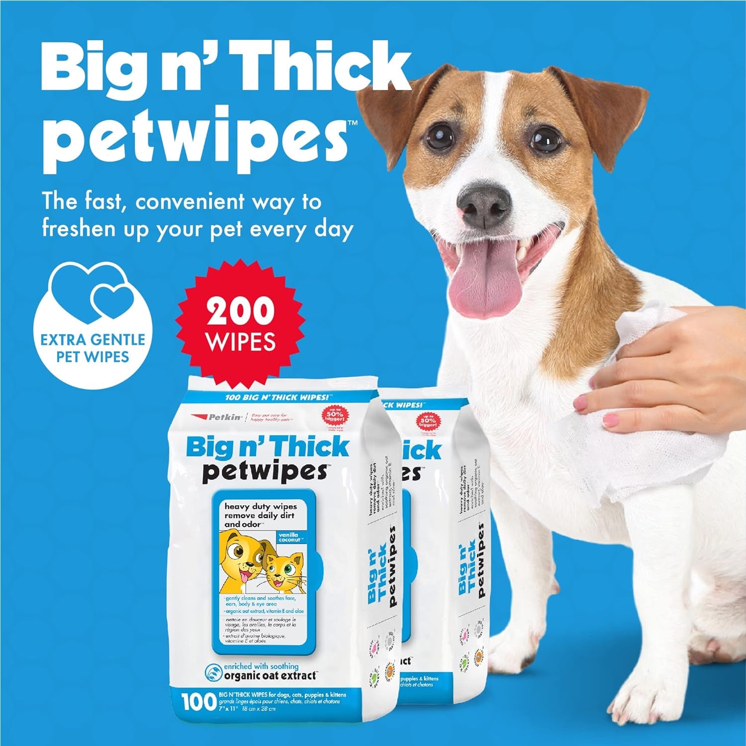Organic pet wipes for dogs and cats, 200 count, with oat extract, ideal for home or travel, featuring a happy dog on packaging.