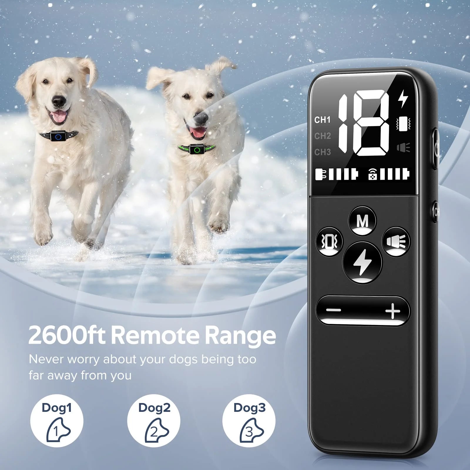 Two dogs wearing waterproof dog training collars with remote control shown, highlighting 2600ft range and multiple training modes.