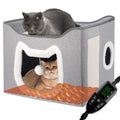 Heated cat house with fluffy ball, scratch pad, and remote, perfect for indoor cats seeking warmth and comfort.
