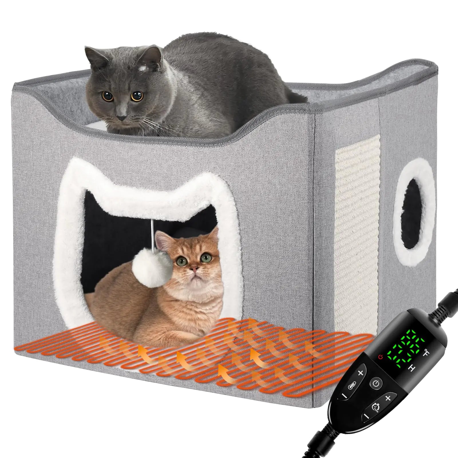 Heated cat house with fluffy ball, scratch pad, and remote, perfect for indoor cats seeking warmth and comfort.