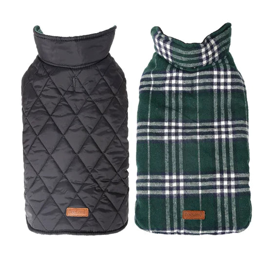 Image of an all-weather dog coat, reversible and waterproof design, showcasing a quilted black and plaid green pattern for pets.