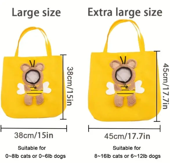Large and extra-large bee design pet carrier bag for small cats and dogs, featuring a playful bee motif, available in two sizes.
