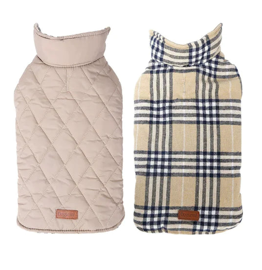 All-weather dog coat - reversible waterproof pet jacket for dogs, featuring beige quilted and plaid patterns for style and comfort.
