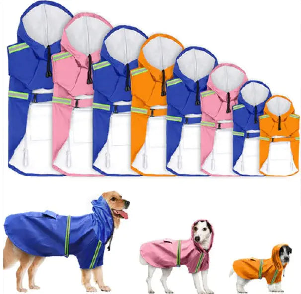Colorful assortment of pet shower jackets with dogs wearing the pet bathing shower jacket in blue, pink, and orange.