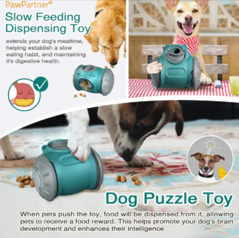 Interactive dog feeder toy with dogs playing and obtaining treats from a tumbler puzzle, enhancing pet IQ and providing mental stimulation.