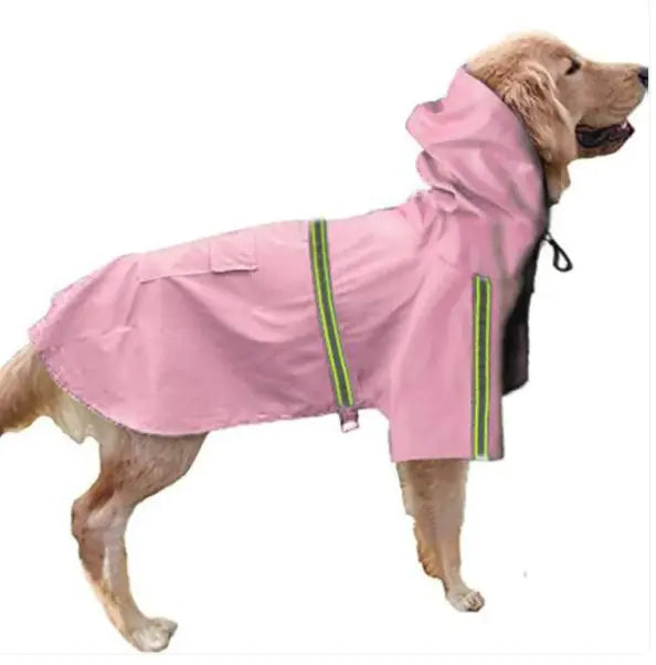 Golden Retriever wearing a pink pet bathing shower jacket with hood and green stripes, designed for stress-free pet baths.