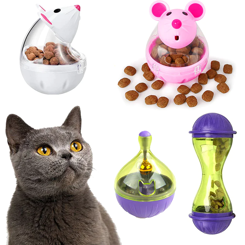 Interactive cat feeder toy collection with tumbler & feeder ball, featuring engaging designs for feline play and feeding.