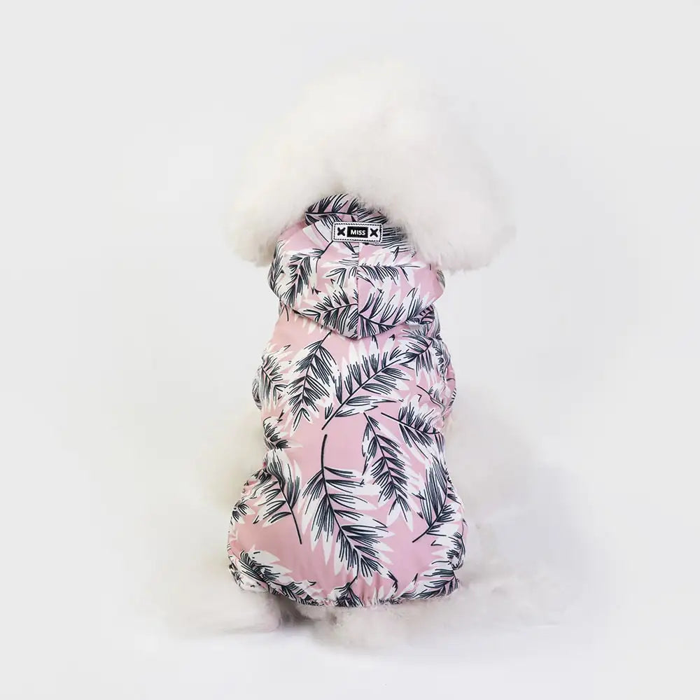 Chic waterproof dog jacket in floral design - polyester material, size S-XL, pink color, stylish rain protection for pets.