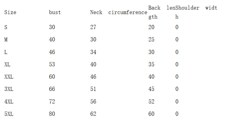 Size chart for leather winter pet vest, showing bust, neck, and back length measurements for sizes S to 5XL.