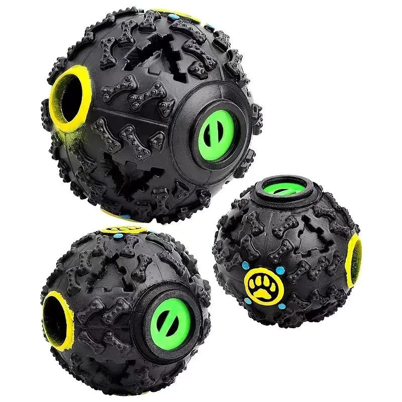 Durable chew toys for dogs - set of three black and green sound balls for training and engaging play.
