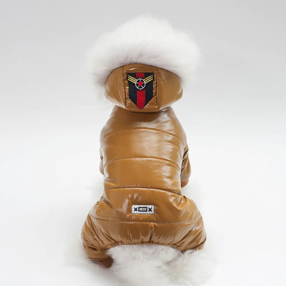 Brown teddy dog outfit with fur hood, stylish European & American fashion, in high-quality PU and cotton for small to XL dogs.