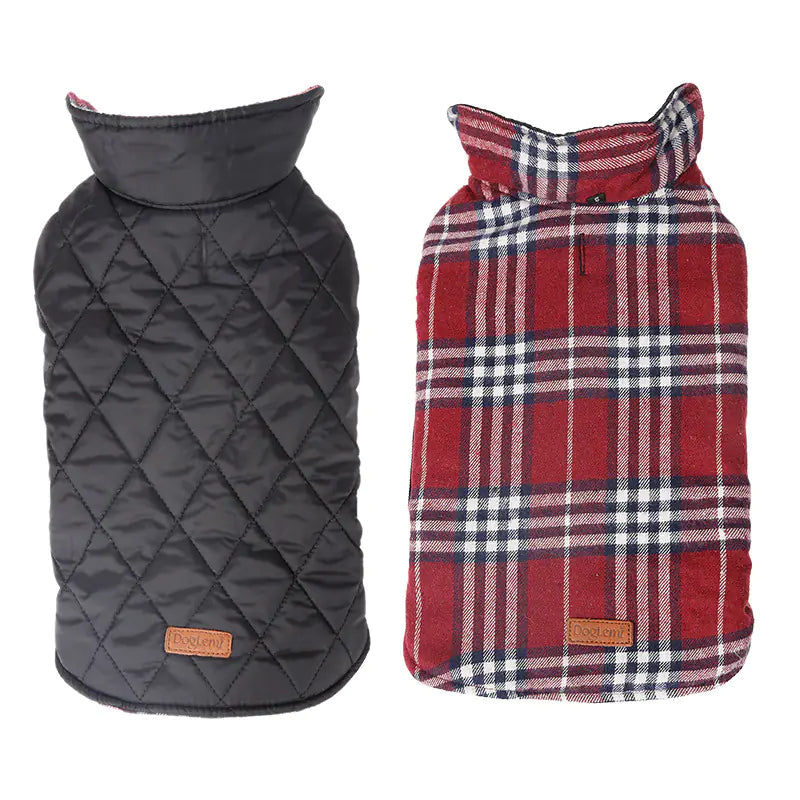All-weather dog coat, reversible and waterproof jacket for pets, showing quilted black and plaid designs for style and function.