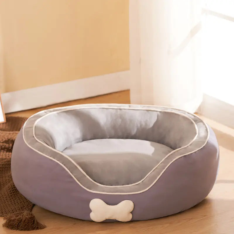 Purple and gray small pet sofa bed for cats and dogs, made from cotton linen, offering comfort and warmth, size 63x55x20cm.