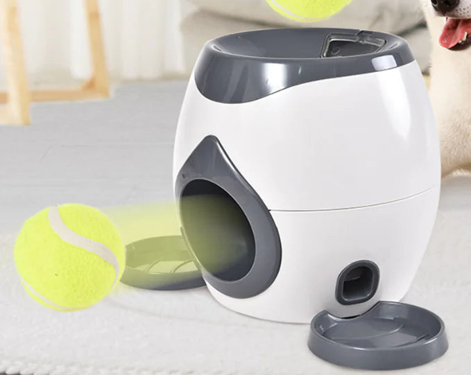 Interactive dog toy with ball feeder and tennis launcher shown in a modern design with a treat dispenser feature