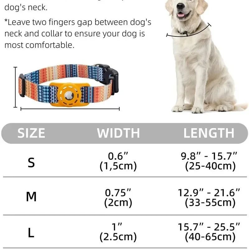 Apple AirTag pet collar size guide with digital print collar design and dog illustration for stylish pet tracking.