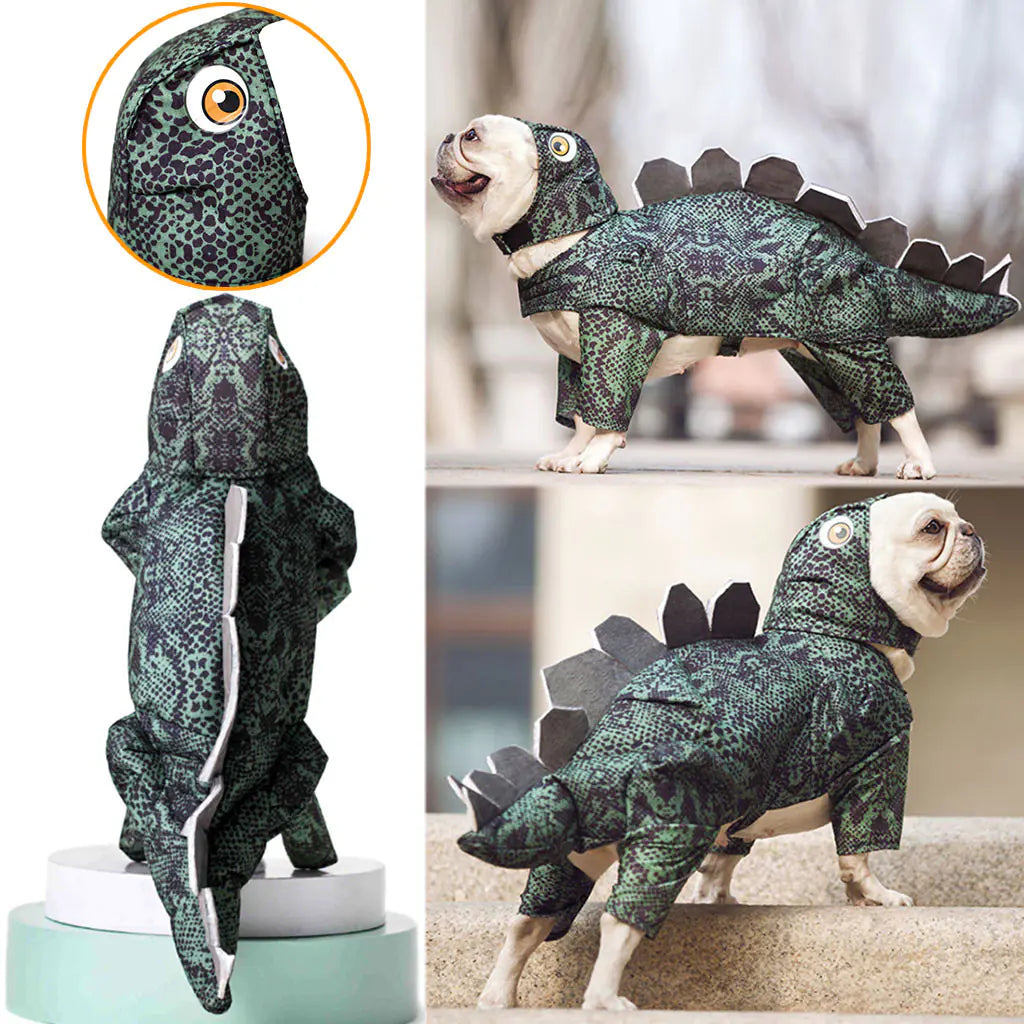 Funny dinosaur pet costume displayed on a dog, showcasing a green dinosaur design with tail and scales, perfect for parties and photos.