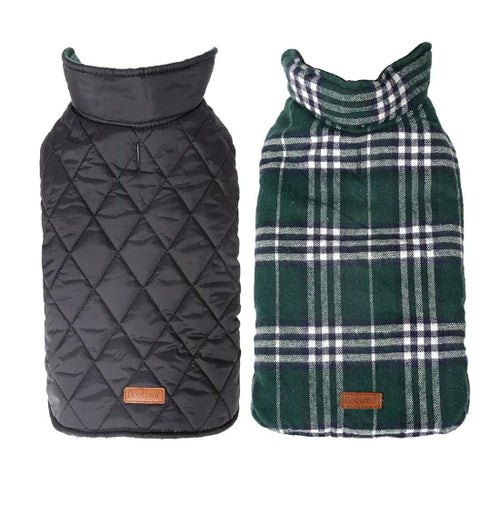 All-weather dog coat, waterproof and reversible, black quilted and green plaid design for stylish and comfortable pet wear.