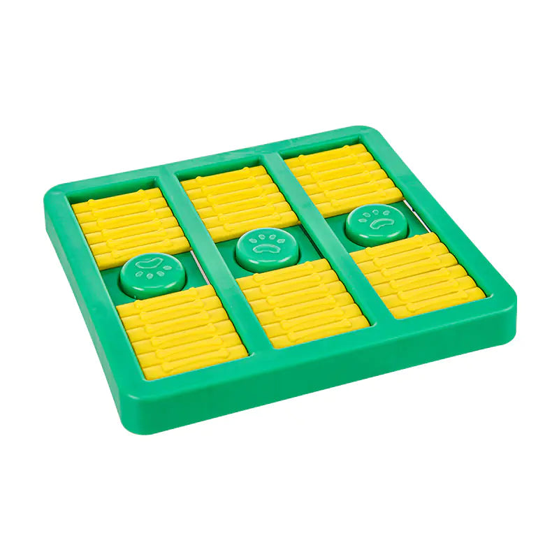interactive dog toy food dispenser rotating slow feeder in green and yellow