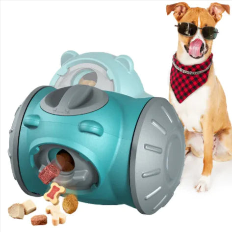 interactive dog feeder toy with tumbler puzzle to enhance pet IQ, featuring a dog excited to play with treats flowing out