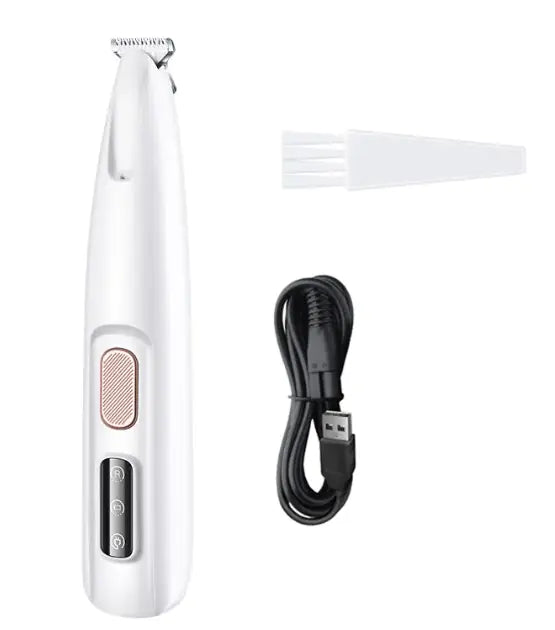 LED dog paw trimmer with USB charging cable and cleaning brush, ideal for pet grooming and precise trimming.