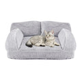 Soft pet sofa bed with fluffy cat lounging on grey cushion, perfect for small pets, 26x19x13 inches. Luxurious and comfortable design.