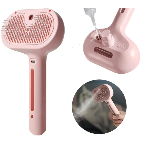 Pet hair spray brush with built-in water tank for cats and dogs, showcasing innovative grooming technology and spray function.
