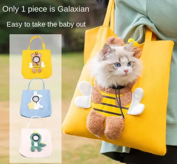 Fluffy cat in bee design pet carrier bag with yellow and blue variations.