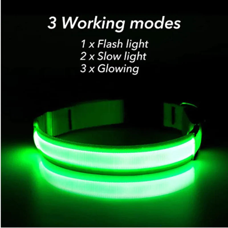 LED dog collar safety, adjustable collar with three light modes: flash, slow, glow, green illumination for pet visibility.