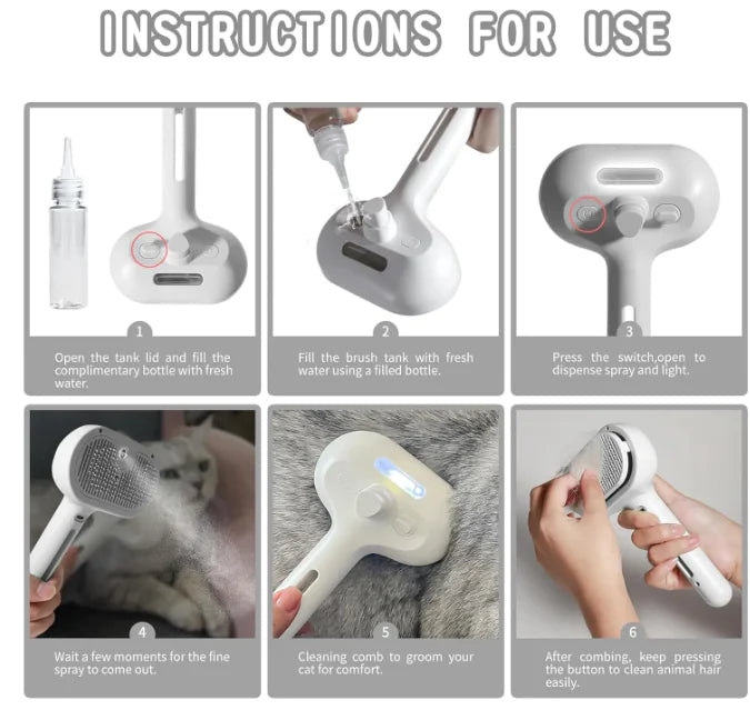 Instructions for using the pet hair spray brush with built-in water tank for grooming cats and dogs.