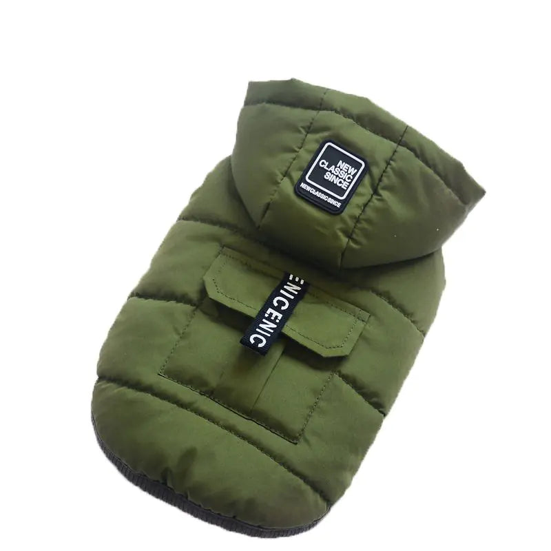 Chic winter dog vest in premium green cotton polyester blend, European and American style, perfect for keeping pets warm and stylish.