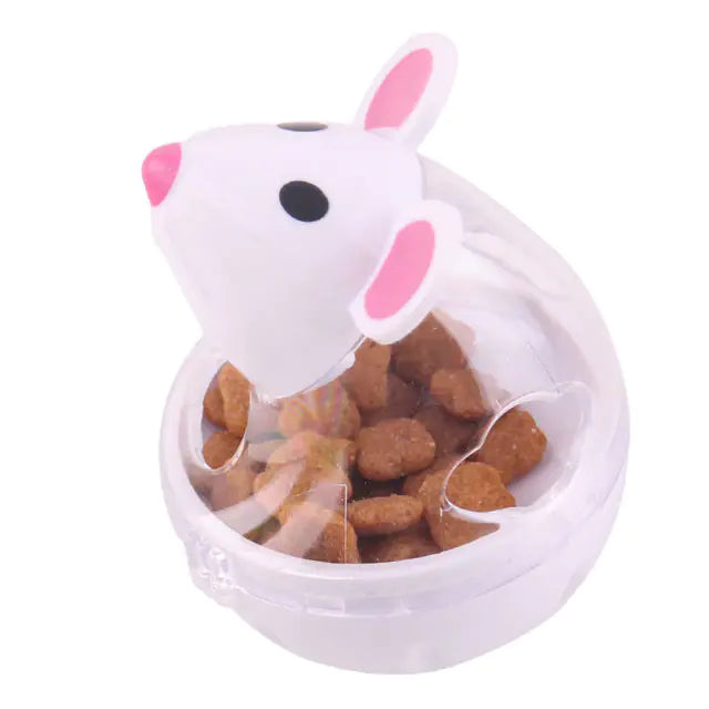 Interactive cat feeder toy with tumbler & feeder ball design, shaped like a mouse, filled with kibble for engaging playtime and feeding.