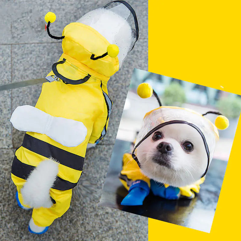 Dog wearing yellow bee pet raincoat poncho, waterproof, with hood and black stripes, yellow antennae, XS-2XL sizes available.