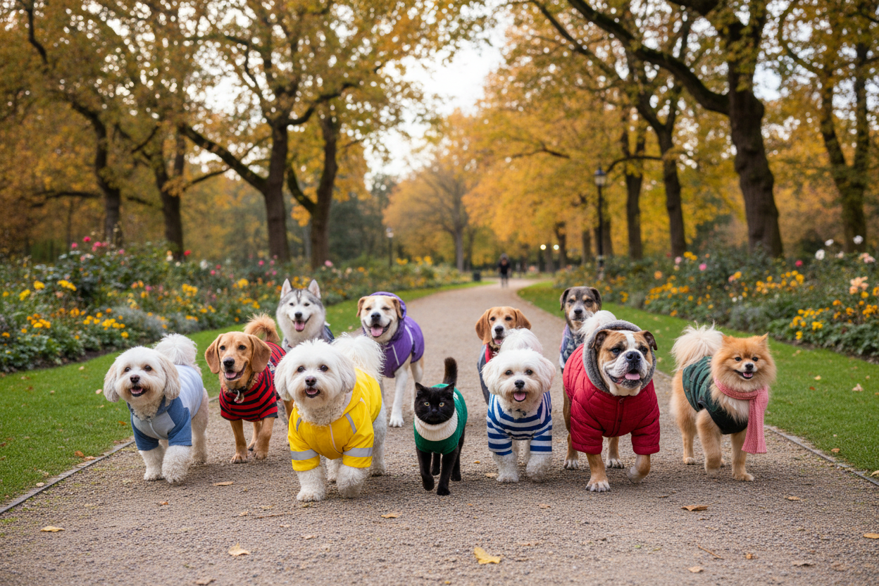Realistic park scene with Maltipoos and English Bulldogs in pet clothing