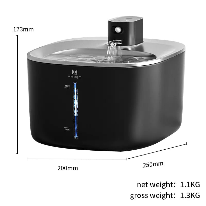 Stainless steel pet water dispenser in black with measurements shown, made from high-quality SUS304 stainless steel and ABS.