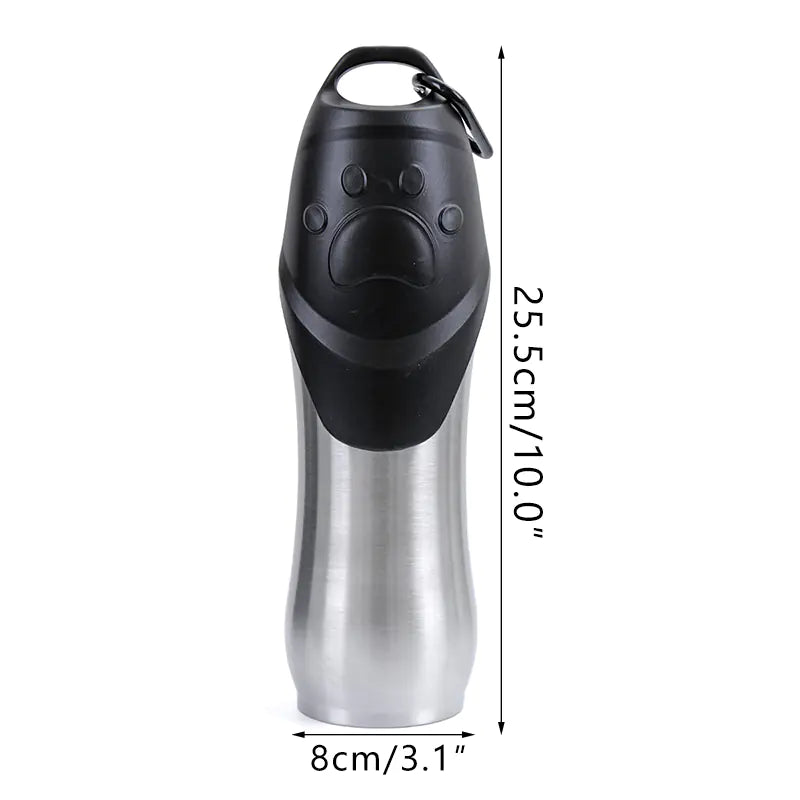 Stainless steel pet water bottle with paw design and measurements, ideal for pet hydration needs.