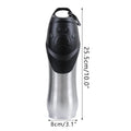 Stainless steel pet water bottle with paw design and measurements, ideal for pet hydration needs.