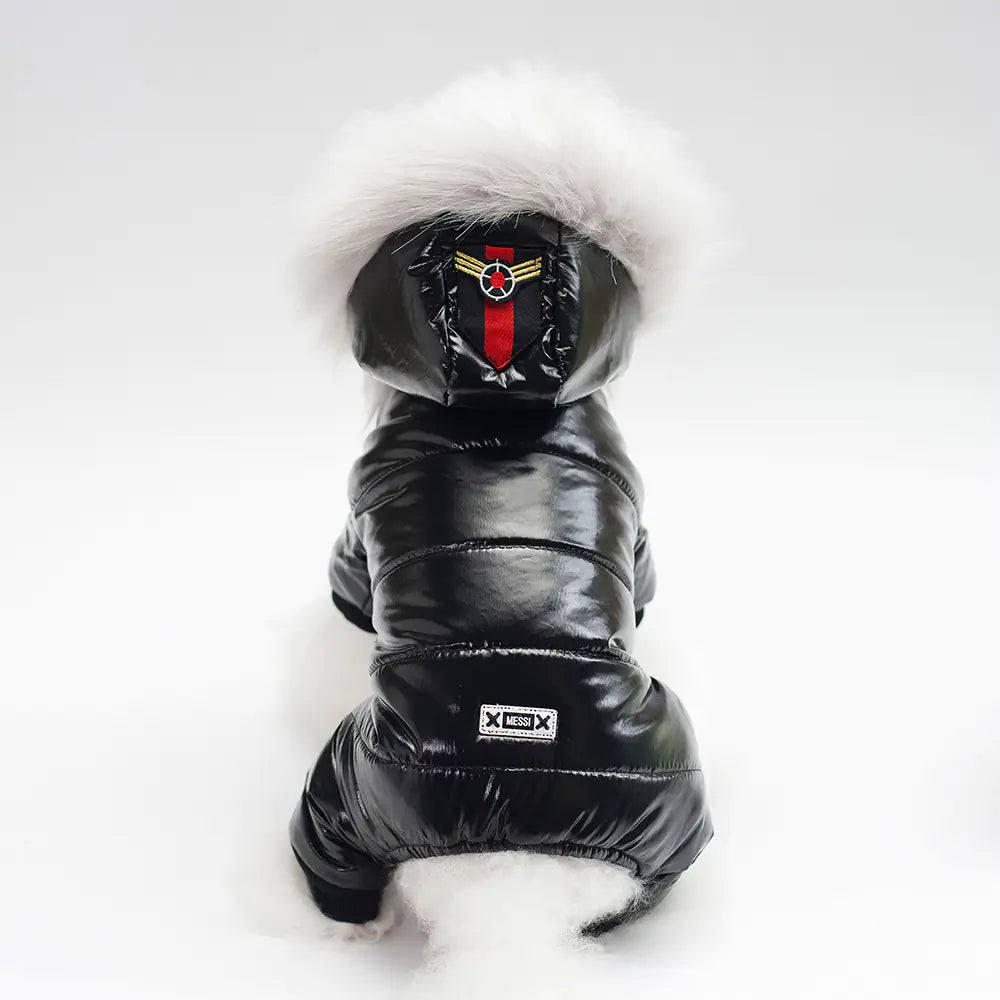 Black teddy dog outfits with soft fur trim, European style. Perfect for small to XL dogs. PU cotton material combines comfort and style.