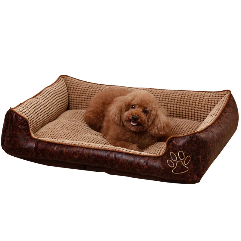 Brown dog lying on a removable washable pet bed made of cornsuede and suede with 3D pp cotton, perfect for comfort and support.