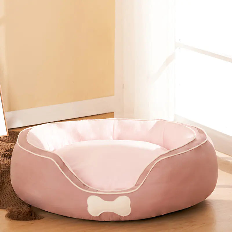 Small pet sofa bed in pink cotton linen for cats and small to medium dogs, 63x55x20cm, cozy and stylish.