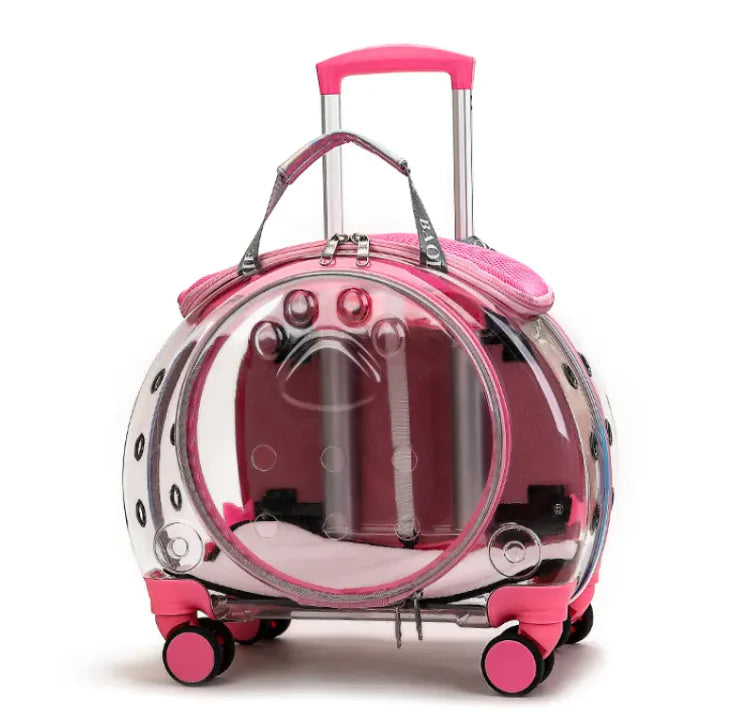 Compact pet travel bag with pink geometric design and durable PC ABS material