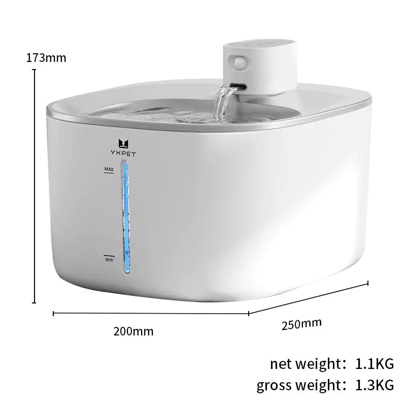 Stainless steel pet water dispenser with dimensions and weight details, featuring a sleek design for pets.