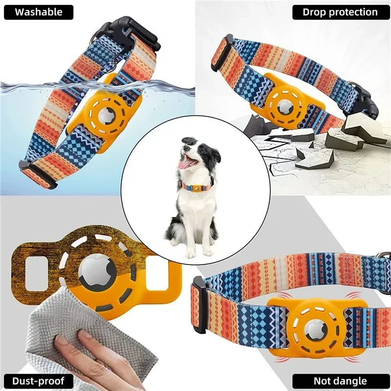 Apple AirTag pet collar with digital printing design, highlighting washable and dust-proof features for stylish pet tracking.