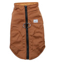 Brown leather winter pet vest for cats and dogs, featuring a snug fit and stylish design with front zipper and pockets.